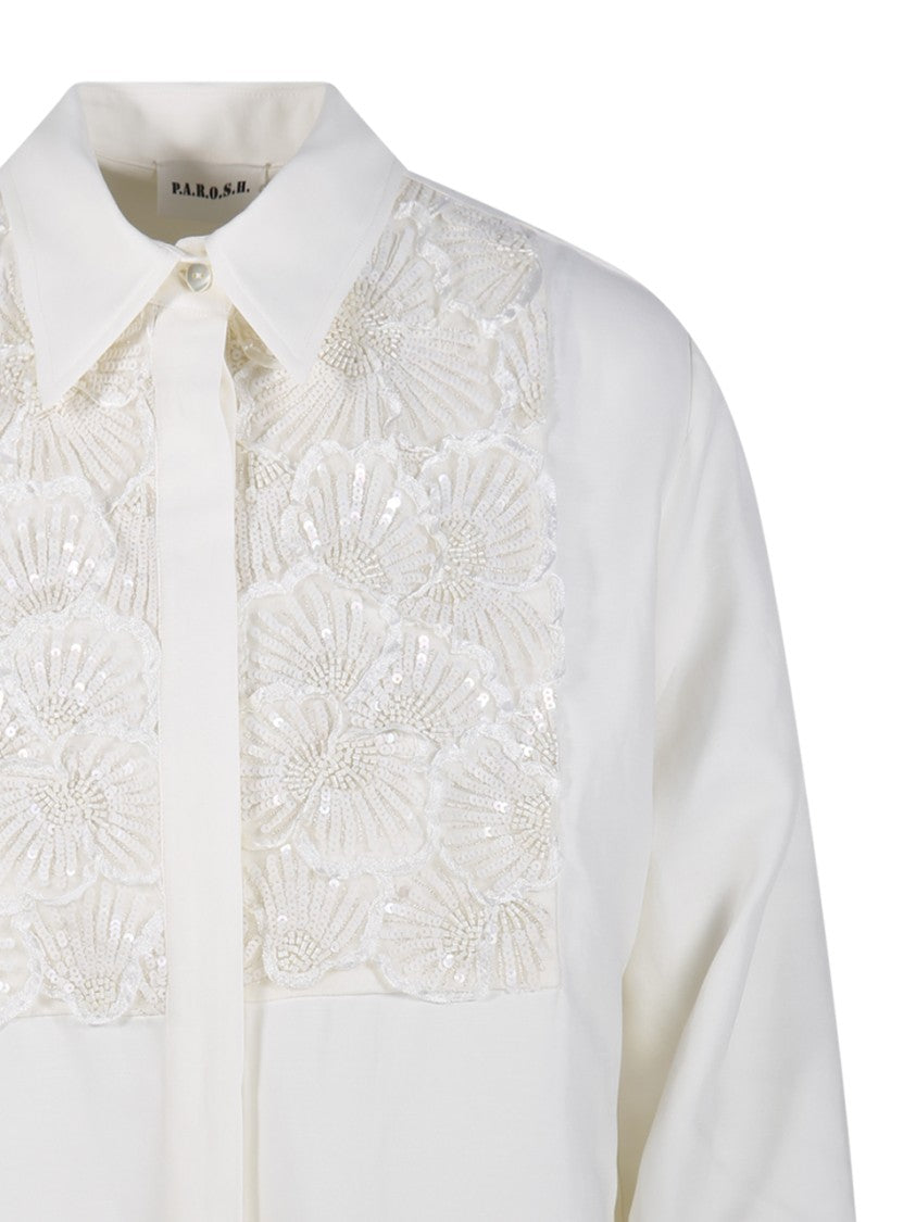 Parosh Floral Embroidered White Shirt With Sequins