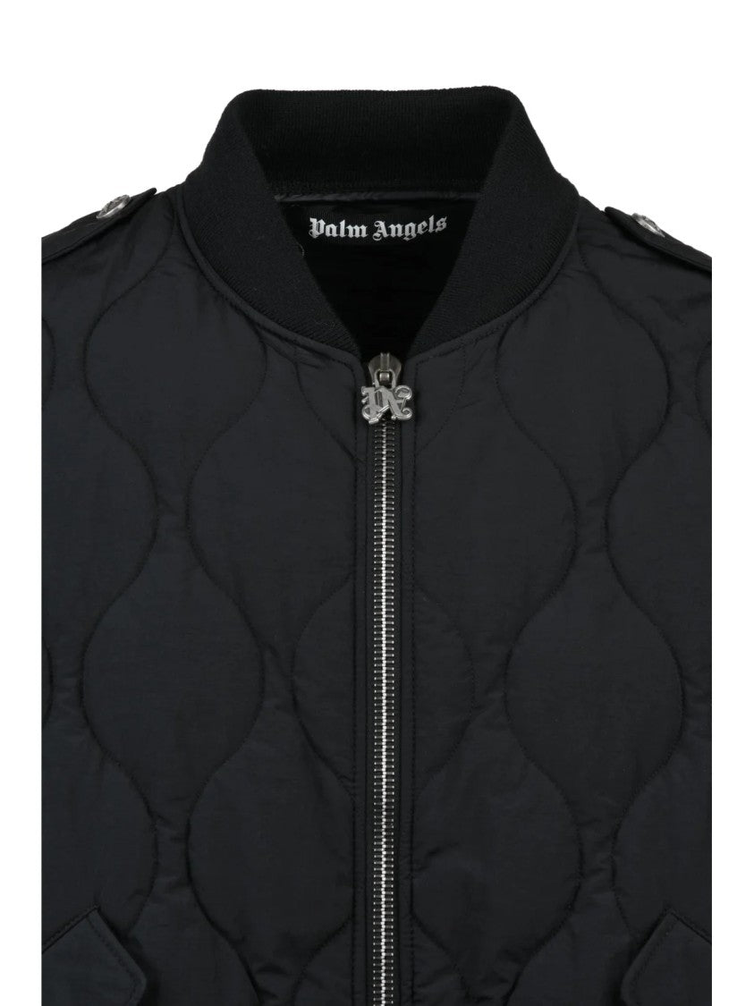 Palm Angels Monogram Quilted Black Bomber Jacket With Zip Closure