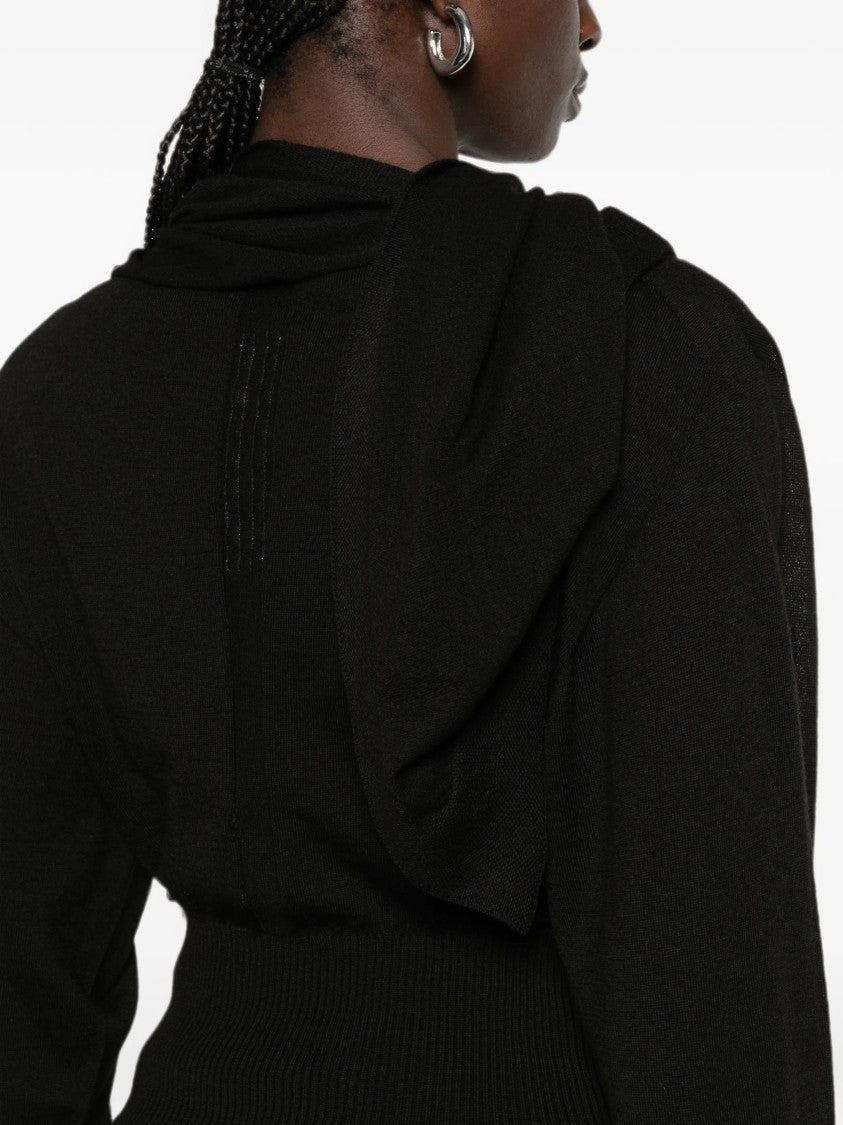 Rick Owens Cropped Black Long-Sleeved Top With Scarf-Inspired Neckline