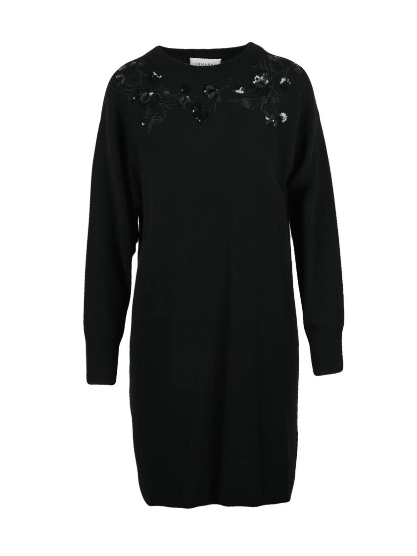 Ermanno Firenze Black Polyamide-Blend Floral Embroidered Dress