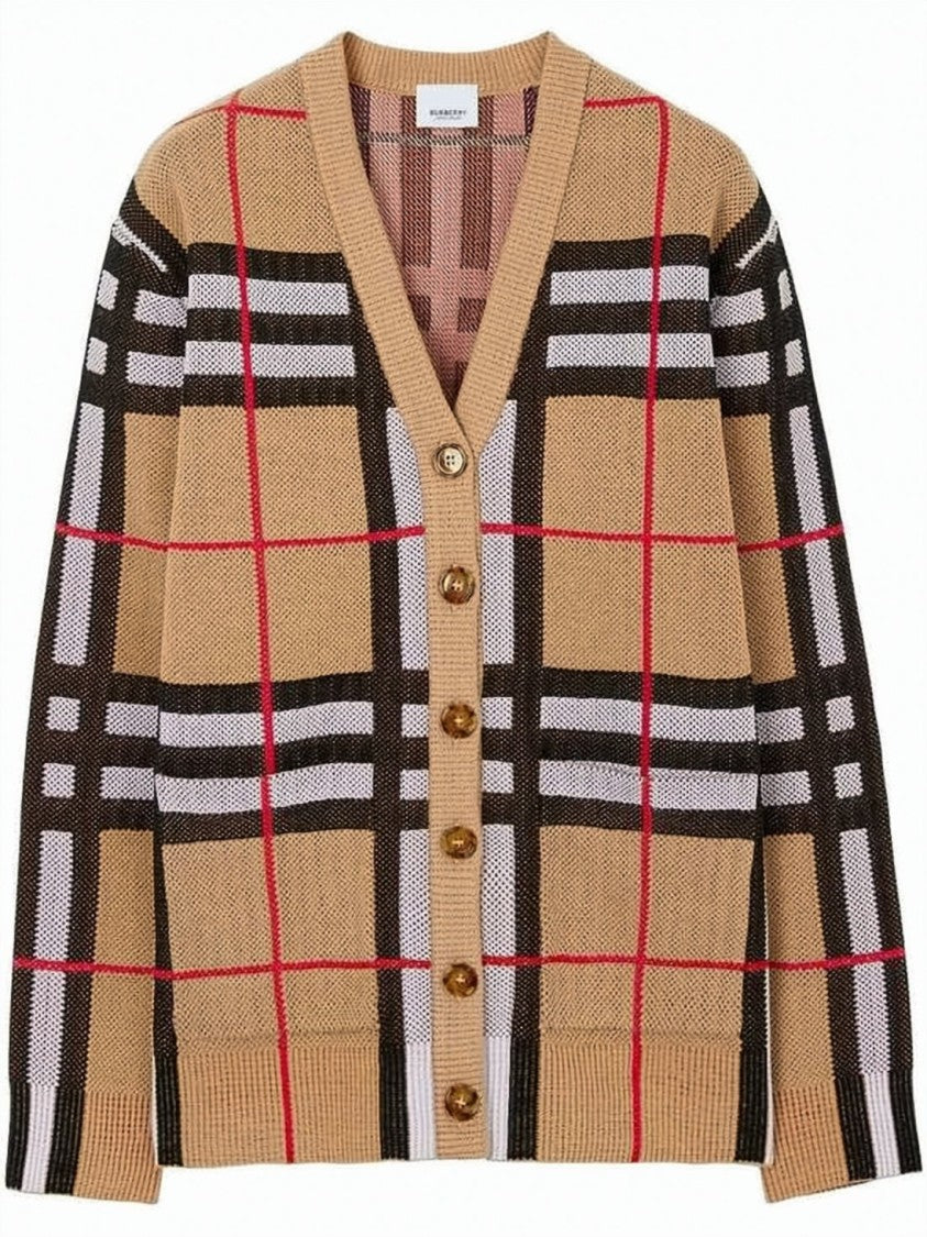 Burberry Knitted Cardigan With Iconic Check Pattern And V-Neckline
