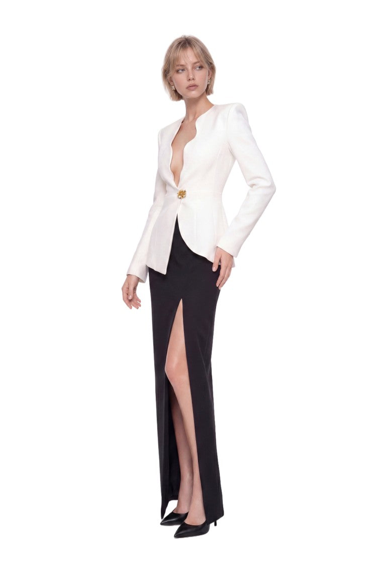 Saiid Kobeisy Jet Black Crepe Maxi Skirt With Front Slit