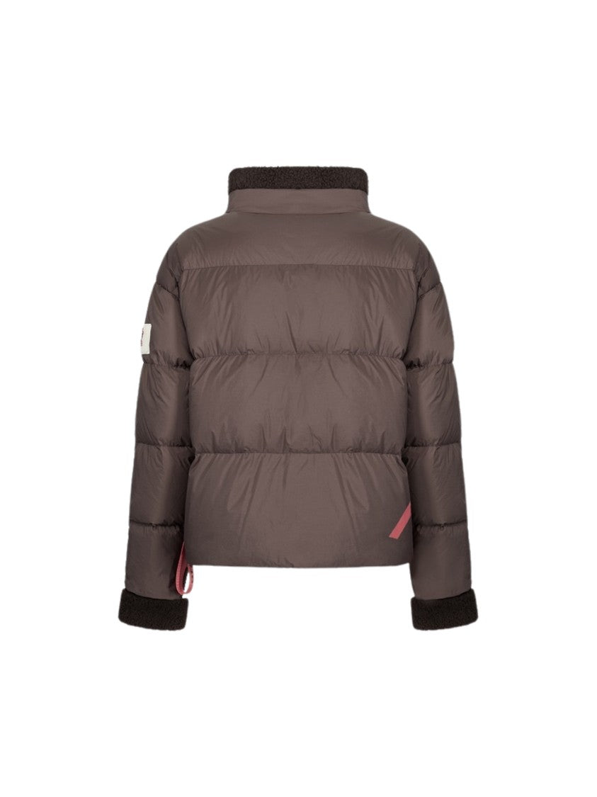 After Label Ande Cropped Brown Shearling Glossy Nylon Down Jacket