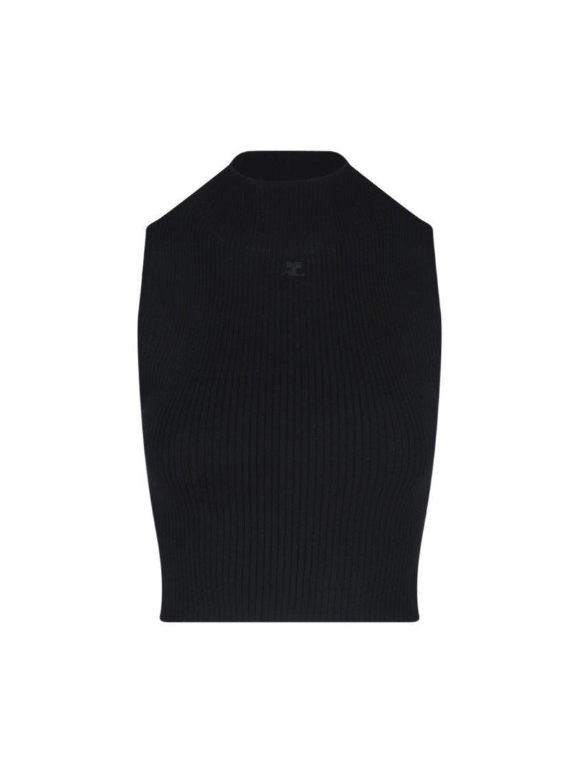 Courrèges Fitted Black Crop Top With Ribbed Texture