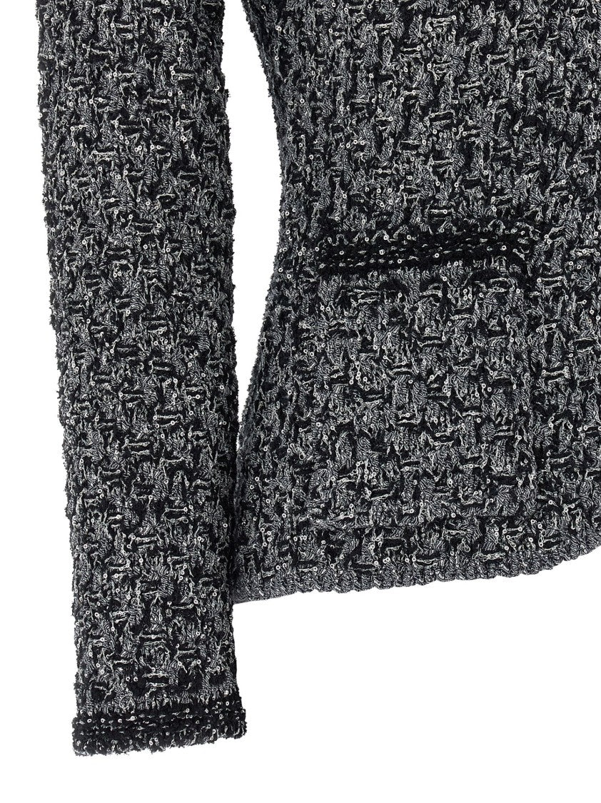 Fabiana Filippi Micro Sequin Denim Effect Tweed Jacket With Flared Waist