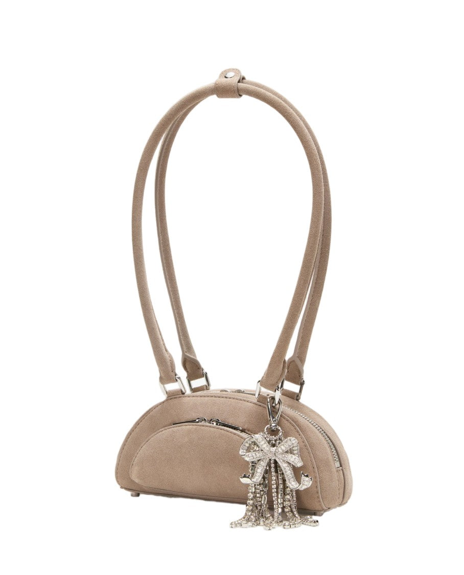 Self-Portrait Mini Taupe Suede Shoulder Bag With Detachable Bow Charm