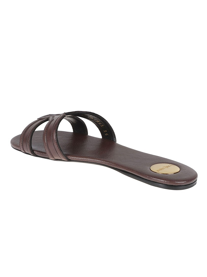 Saint Laurent Brown Sandals With Double Strap And Rounded Toe