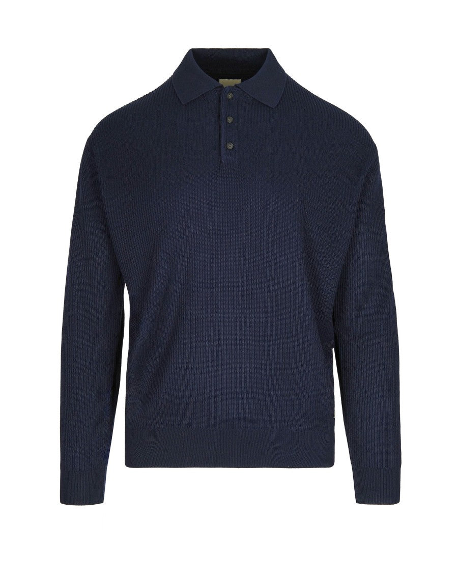 Emporio Armani Textured Knit Blue Polo With Classic Button Placket