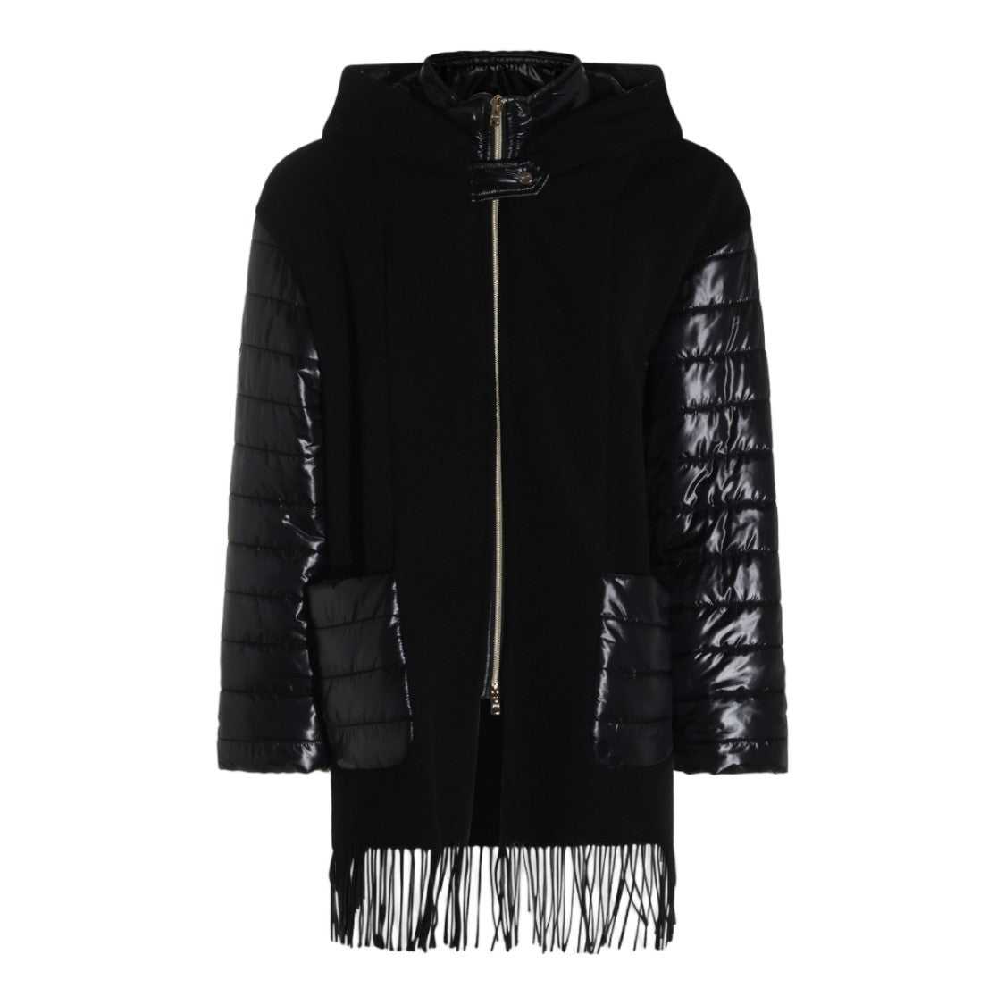 Herno Black Matte Glossy Quilted Sleeve Fringe Jacket