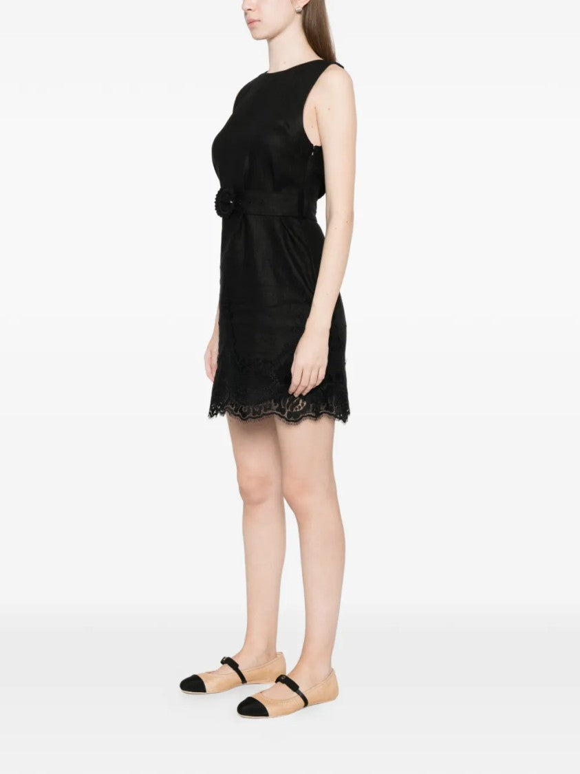 Twin-Set Linen Lace Hem Removable Belt Mini Dress