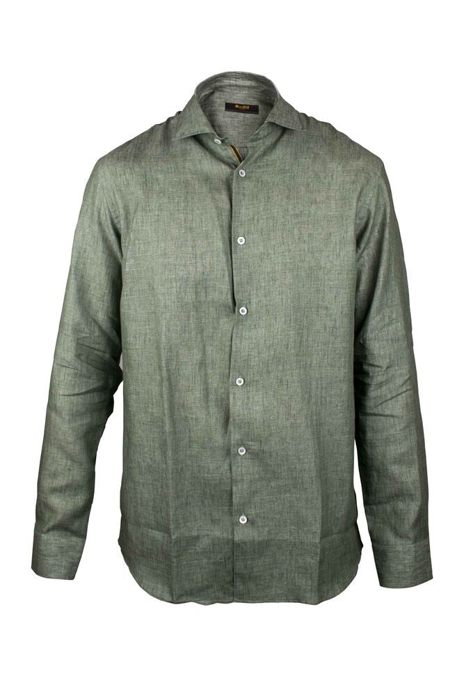 Moorer Green Khaki Linen Shirt With Mother-Of-Pearl Buttons