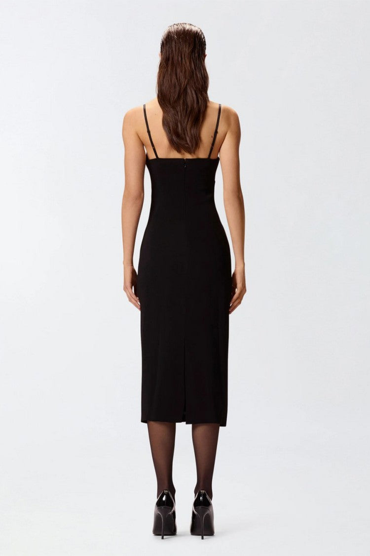 Pinko Black Rhinestone Bust Ruched Viscose-Blend Midi Dress