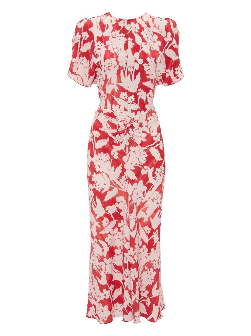 Victoria Beckham Red Midi Dress With Blush Flower Print
