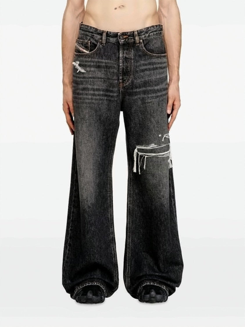 Diesel Wide-Leg Denim Pants With Distressed Finish
