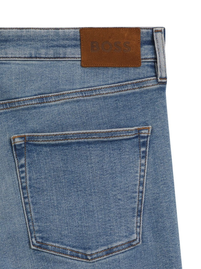Boss Camel Light Blue Denim Jeans With Five-Pocket Design And Leather Patch