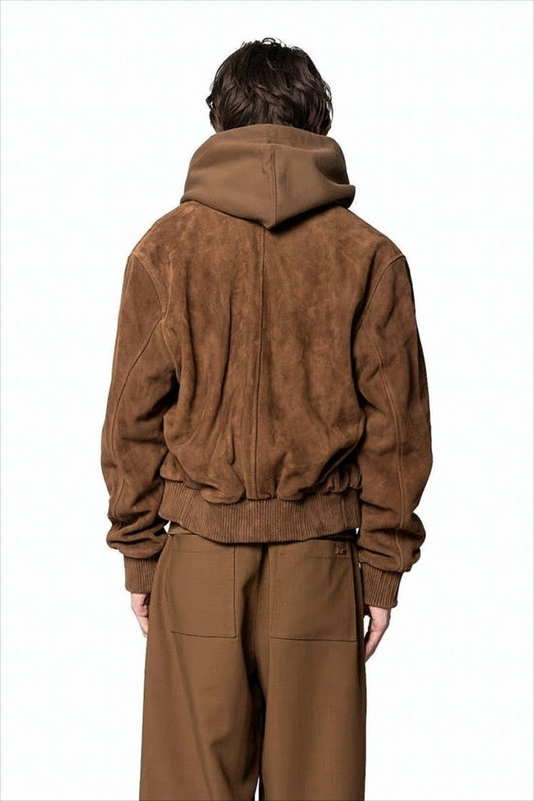 Ami Relaxed Fit Brown Goatskin Leather Jacket With Hood