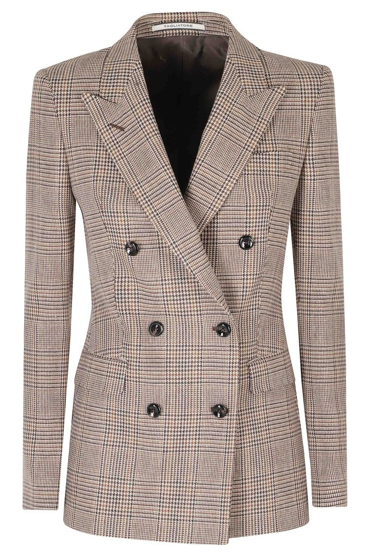 Tagliatore Dark Brown Double-Breasted Prince Of Wales Polyester-Blend Blazer
