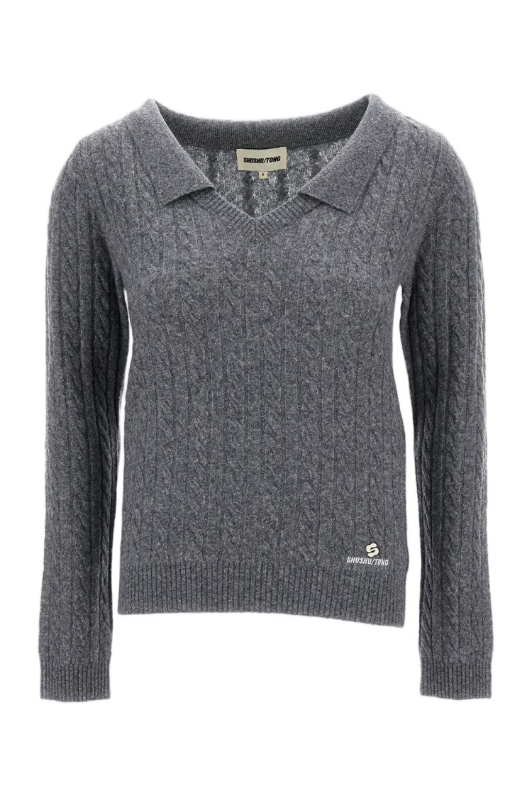 Shushu/Tong Grey V-Neck Chelsea Collar Cable Knit Wool-Lyocell Sweater