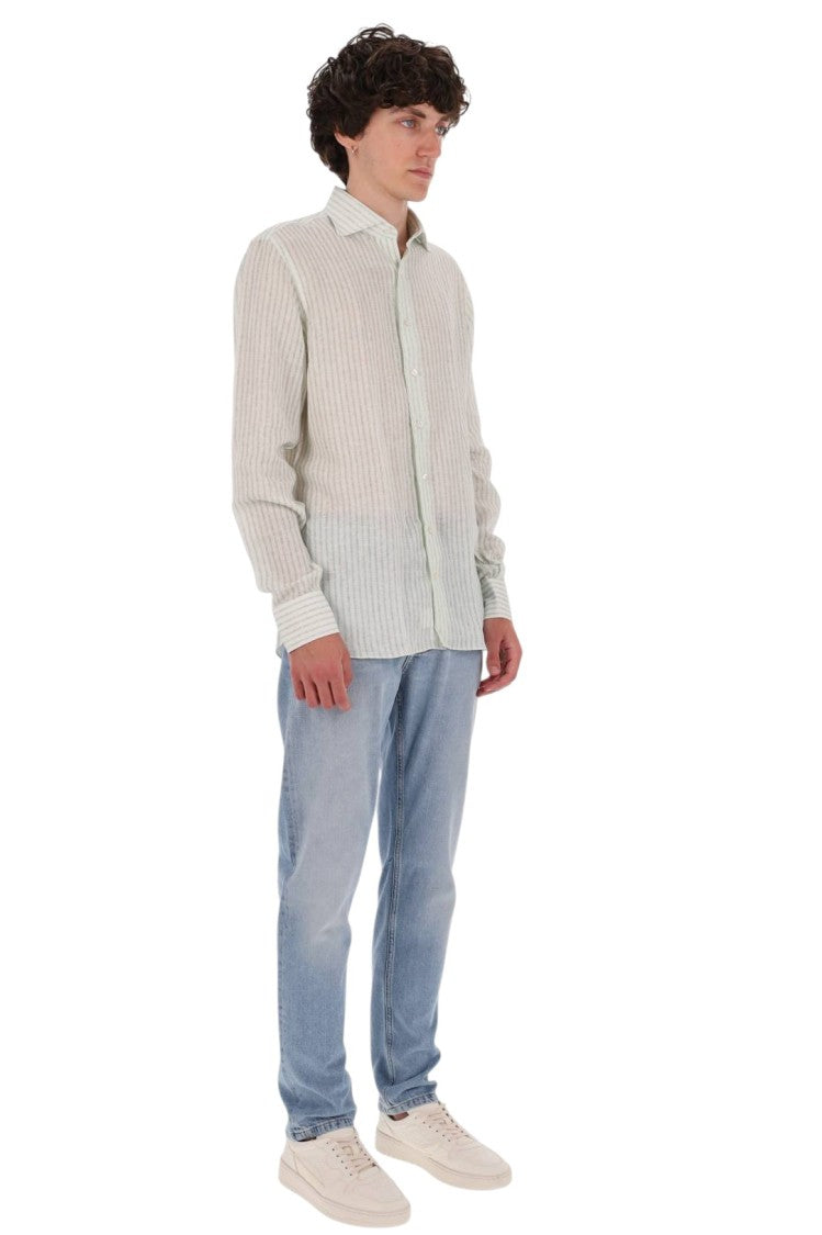 Borriello White Green Striped Linen Shirt