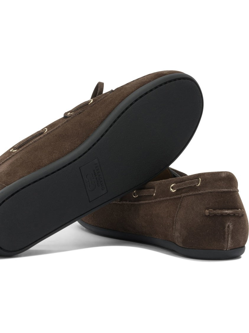 Ferragamo Brown Suede Loafers With Moccasin Toe And Lace-Up Bow