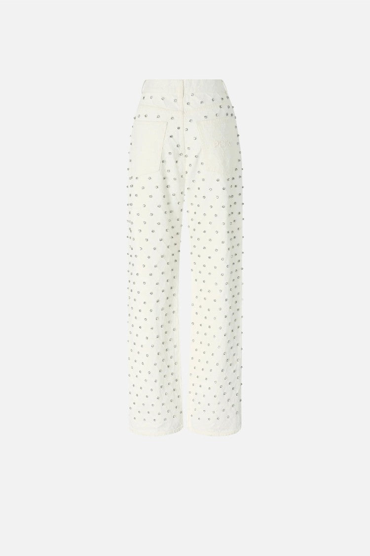 Pinko White Cotton Crystal-Stud Wide-Leg Jeans