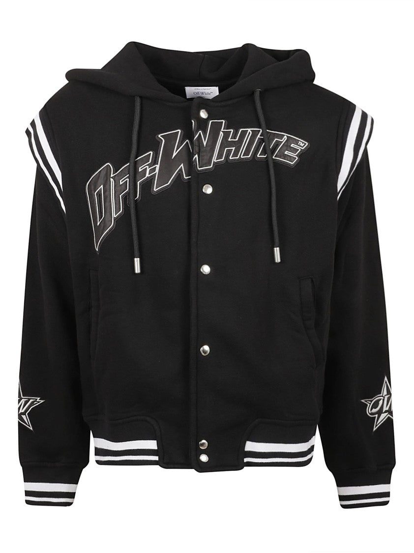 Off-White Hooded Button-Up Sweater With Sporty Stripes