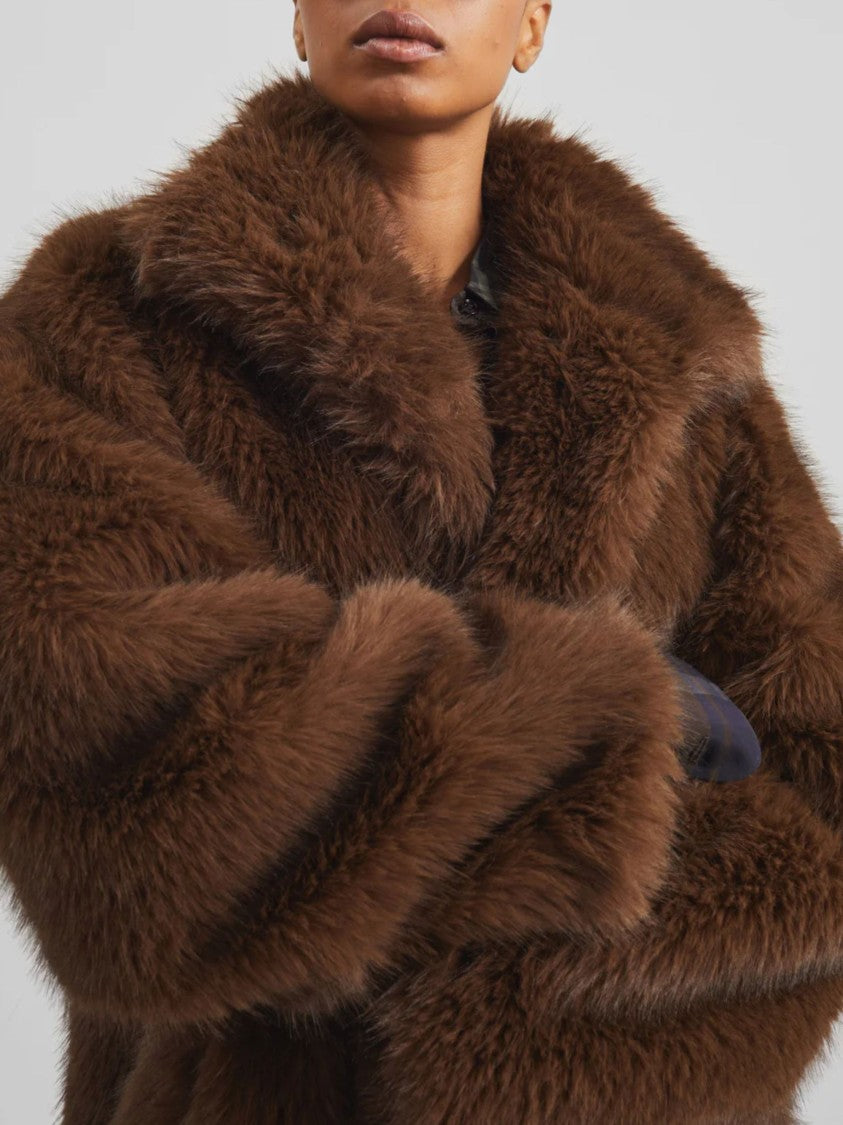 The Frankie Shop Brown High Collar Faux Fur Coat