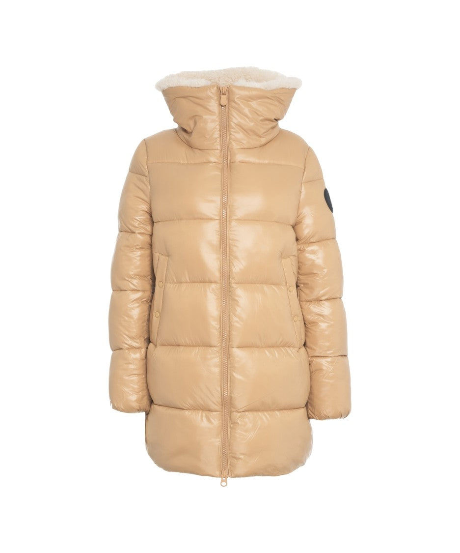 Save The Duck Quilted Beige Down Coat With Plush Collar