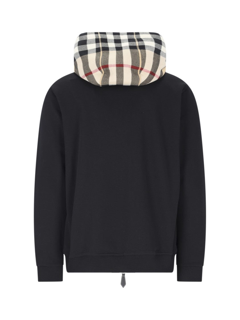 Burberry Black Cotton Check Drawstring Hoodie