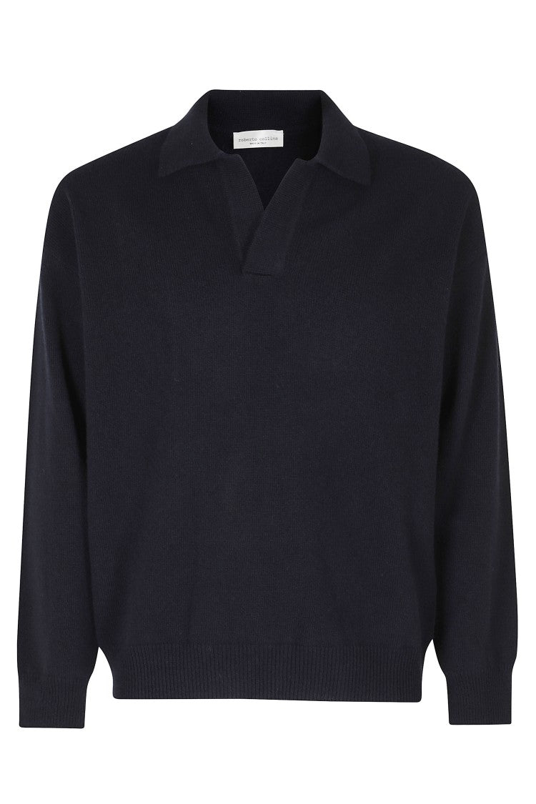 Roberto Collina Navy Skipper-Neck Ribbed Cuffs Merino Wool Sweater