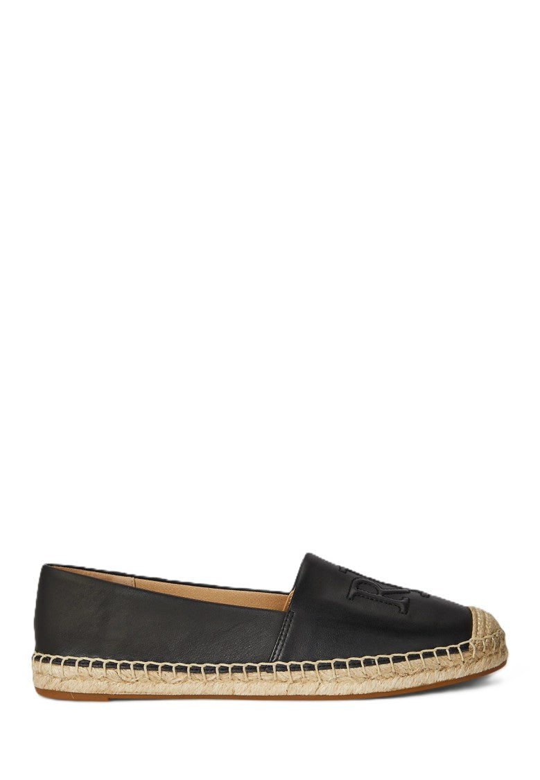 Lauren Ralph Lauren Smooth Black Leather Espadrille Flats With Embossed Logo