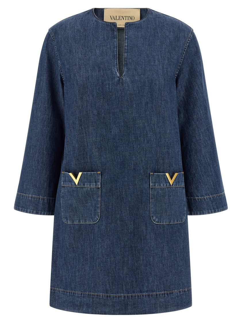Valentino Garavani Medium Wash Chambray Denim Dress With V-Neck And Antiqued Gold Accents