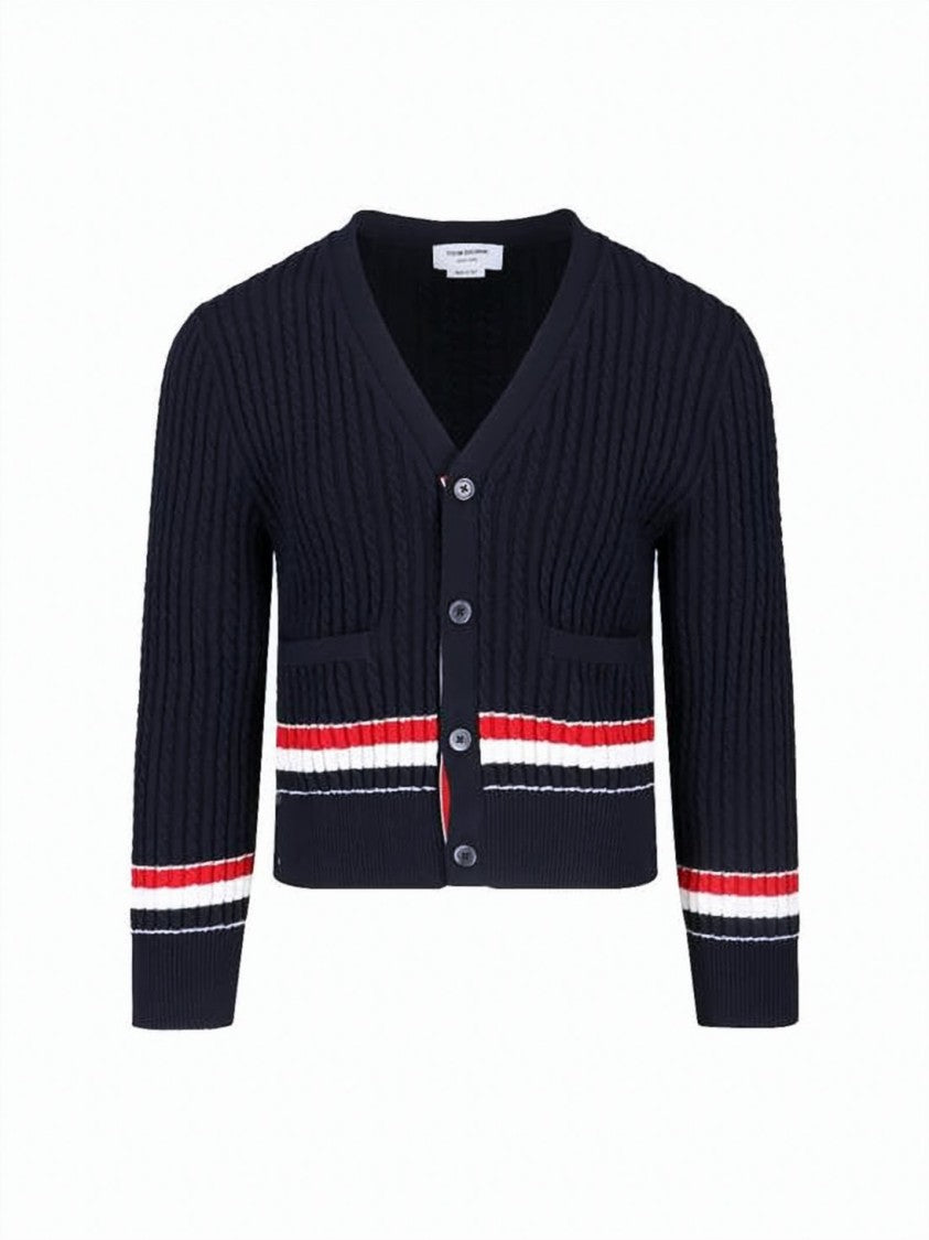 Thom Browne Ribbed Knit Cardigan With Deep V-Neck