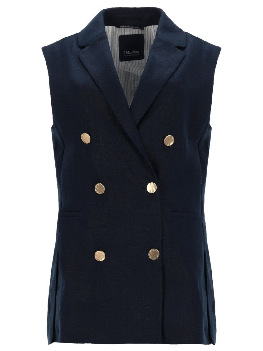 Max Mara Double-Breasted Linen Mat Vest With Notched Lapel And Tailored Fit