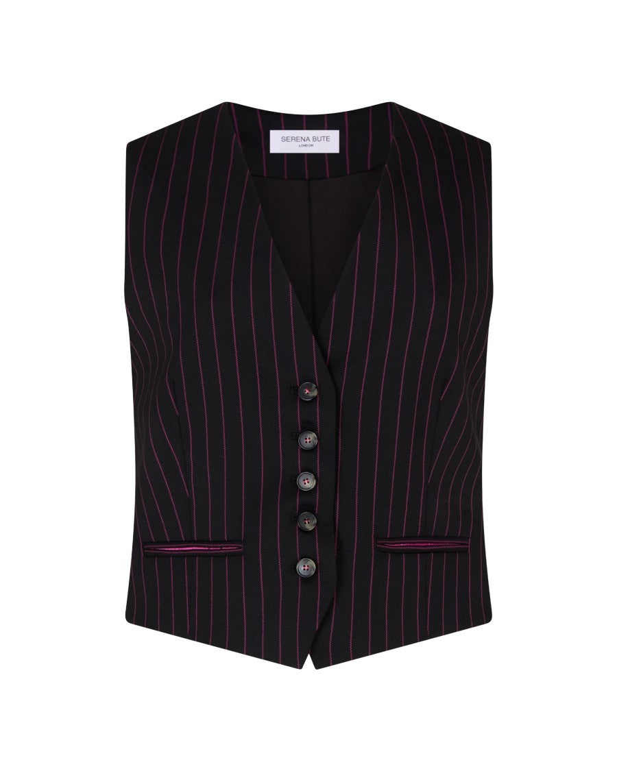 Serena Bute Wool Pinstripe Waistcoat - Black/Pink