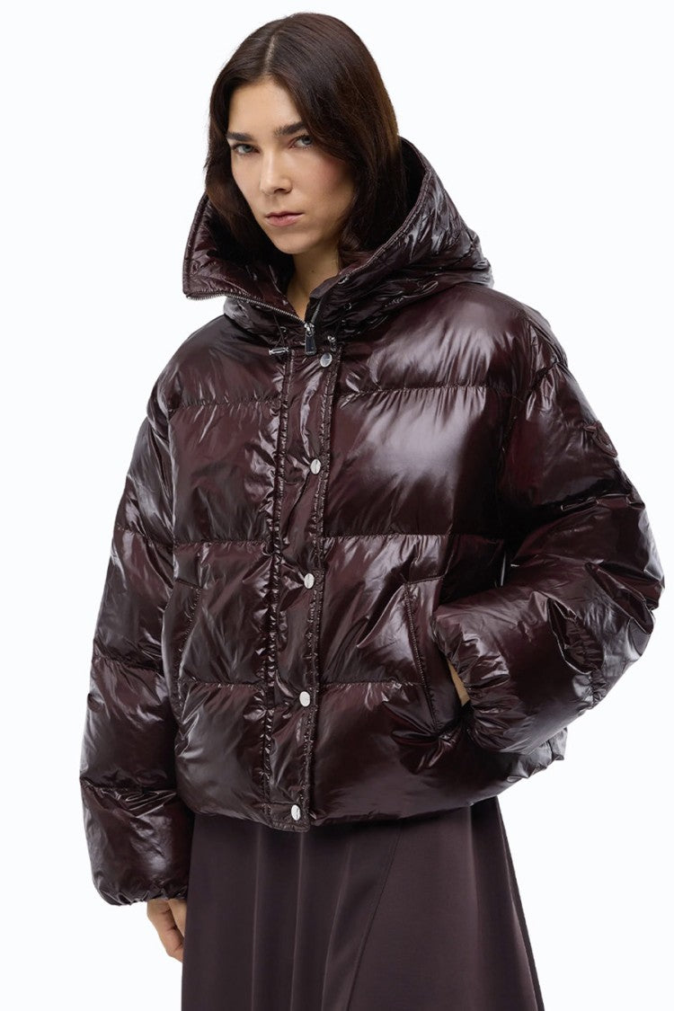 Pinko Burgundy Glossy Hooded Polyester Puffer Jacket