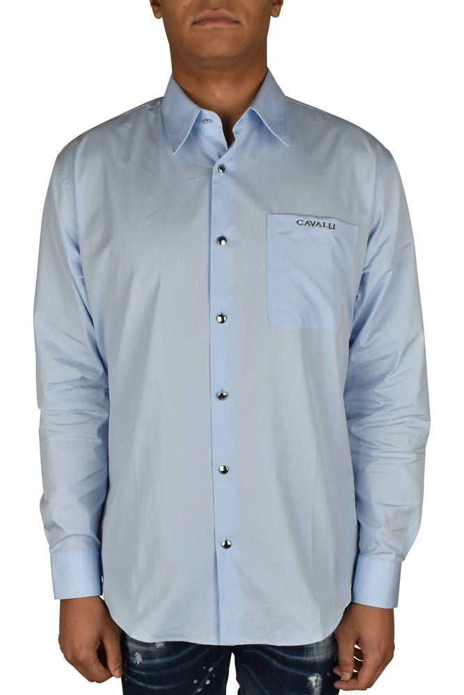 Roberto Cavalli Light Blue Cotton Shirt With Pointed Collar