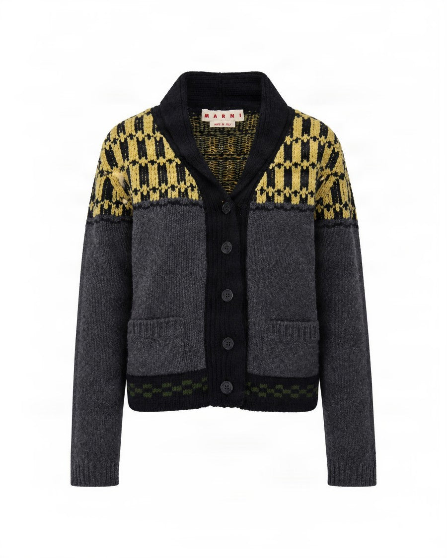 Marni Graphite Intarsia V-Neck Wool Cardigan