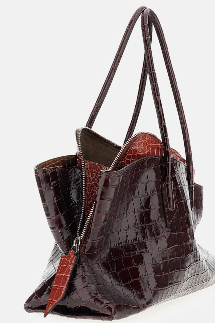 The Attico Asymmetrical Trapezoid Shoulder Bag In Two-Tone Crocodile-Effect Leather