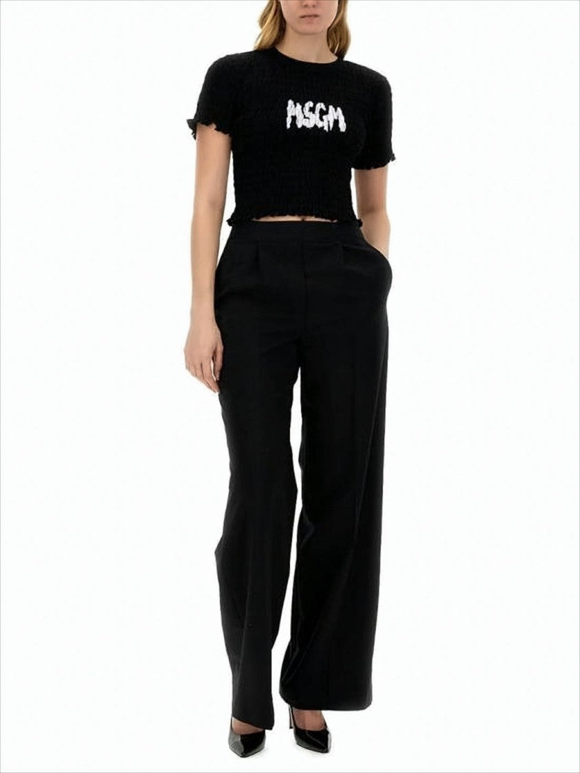 Msgm Textured Cropped Black T-Shirt With Bold Logo