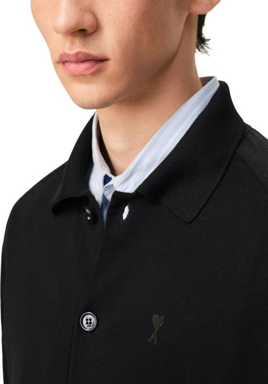 Ami Paris Classic Black Wool Cardigan With Embroidered Heart Emblem