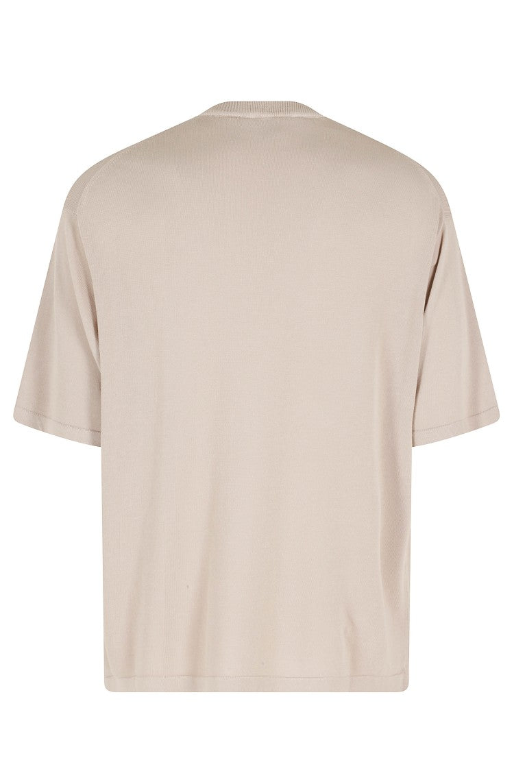 Roberto Collina Beige Crepe Short Sleeve Ribbed Trim Cotton T-Shirt