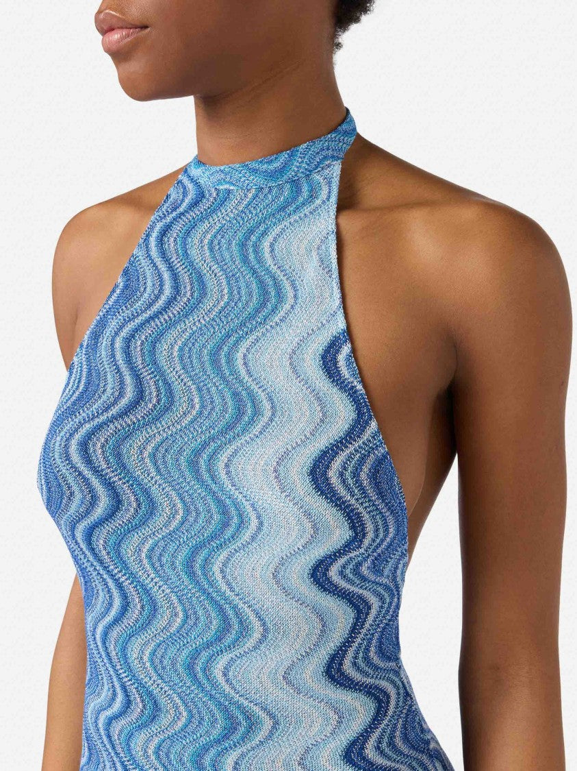 Mc2 Saint Barth Wavy Abstract Pattern Maxi Dress With Halter Neckline