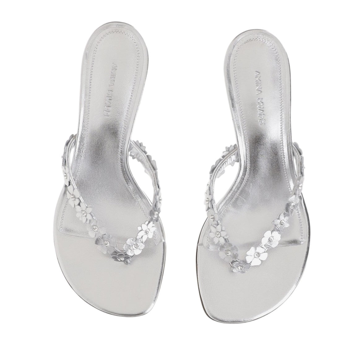 Amina Muaddi Floral Appliqué Thong Leather Sandals With Flared Heel