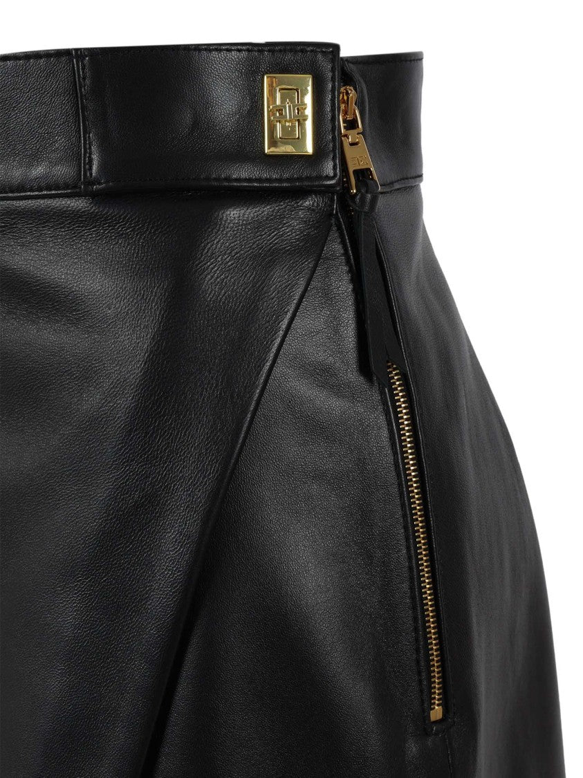 Elisabetta Franchi Fitted Black Sheepskin Skirt With Subtle Wrap Design