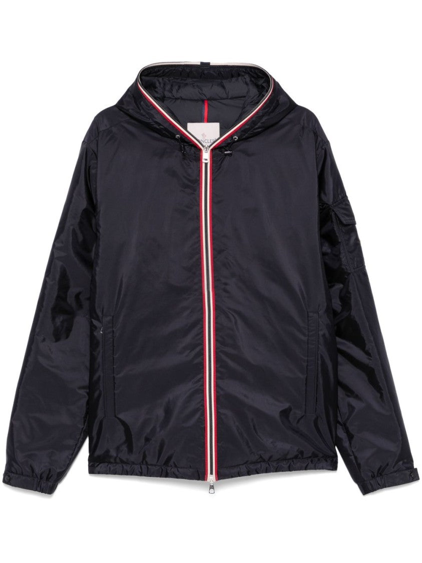 Moncler Blue Jacket With Hood And Contrasting Stripes