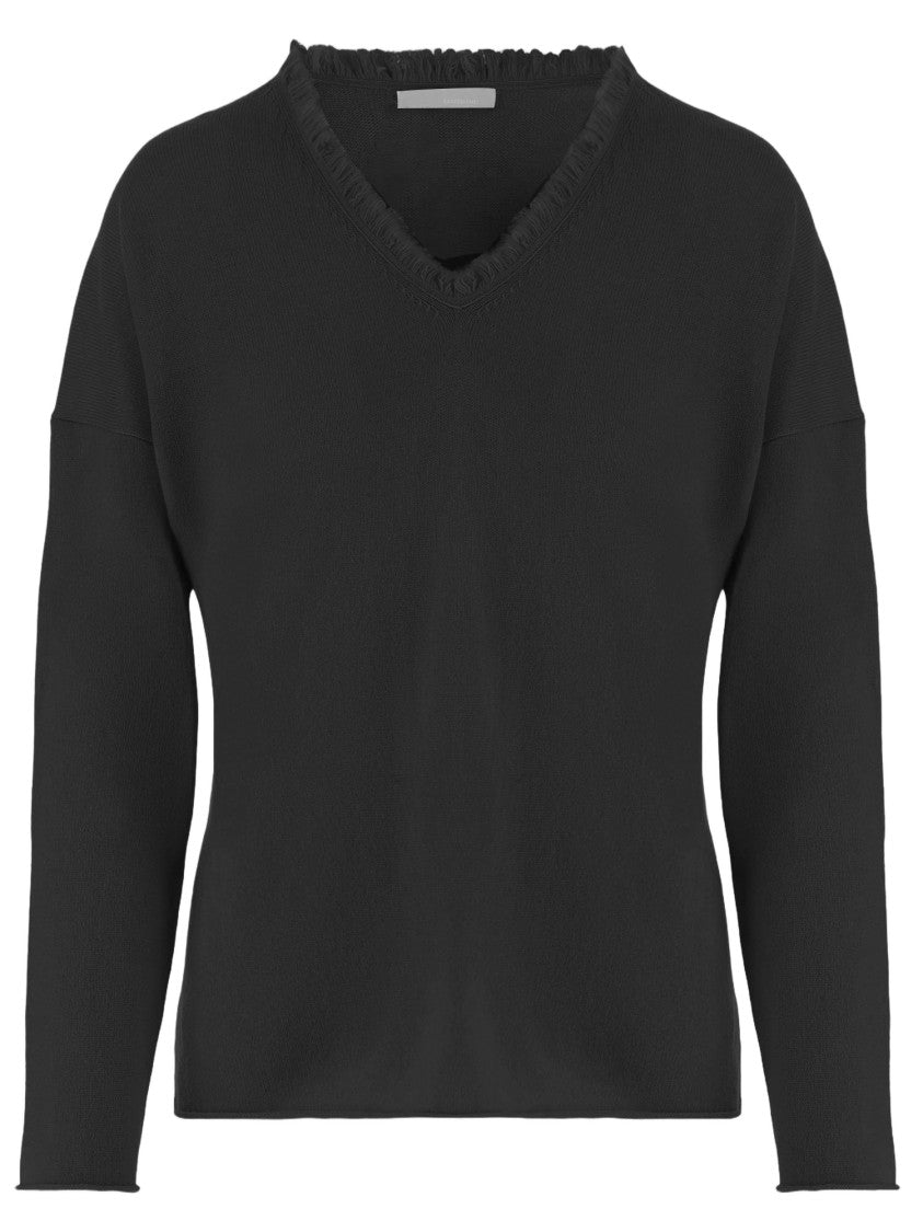 Allude V-Neck Knit Sweater With Fringe Detail