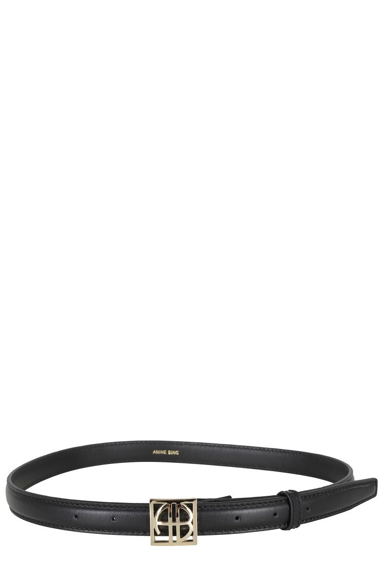 Anine Bing Black Monogram Plated-Logo Buckle Cowhide Leather Belt