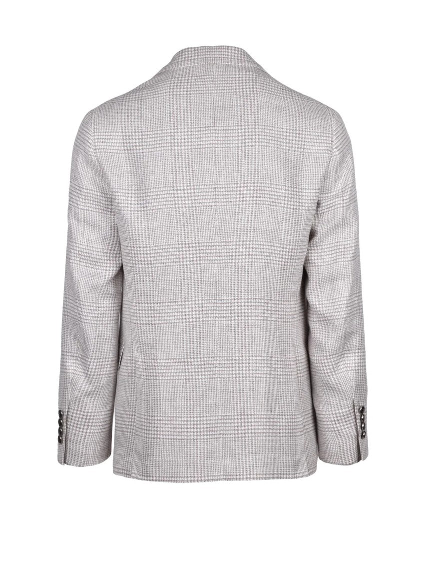 Brunello Cucinelli Brown White Checkered Linen-Blend Unlined Blazer