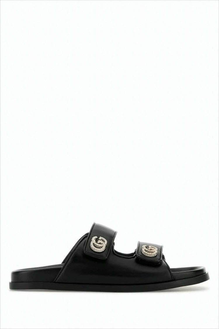 Gucci Flat Black Leather And Canvas Sandal